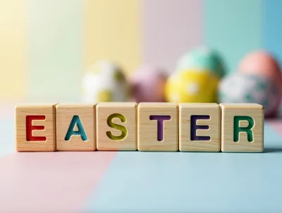 Easter Wooden Blocks With Colorful Painted Eggs