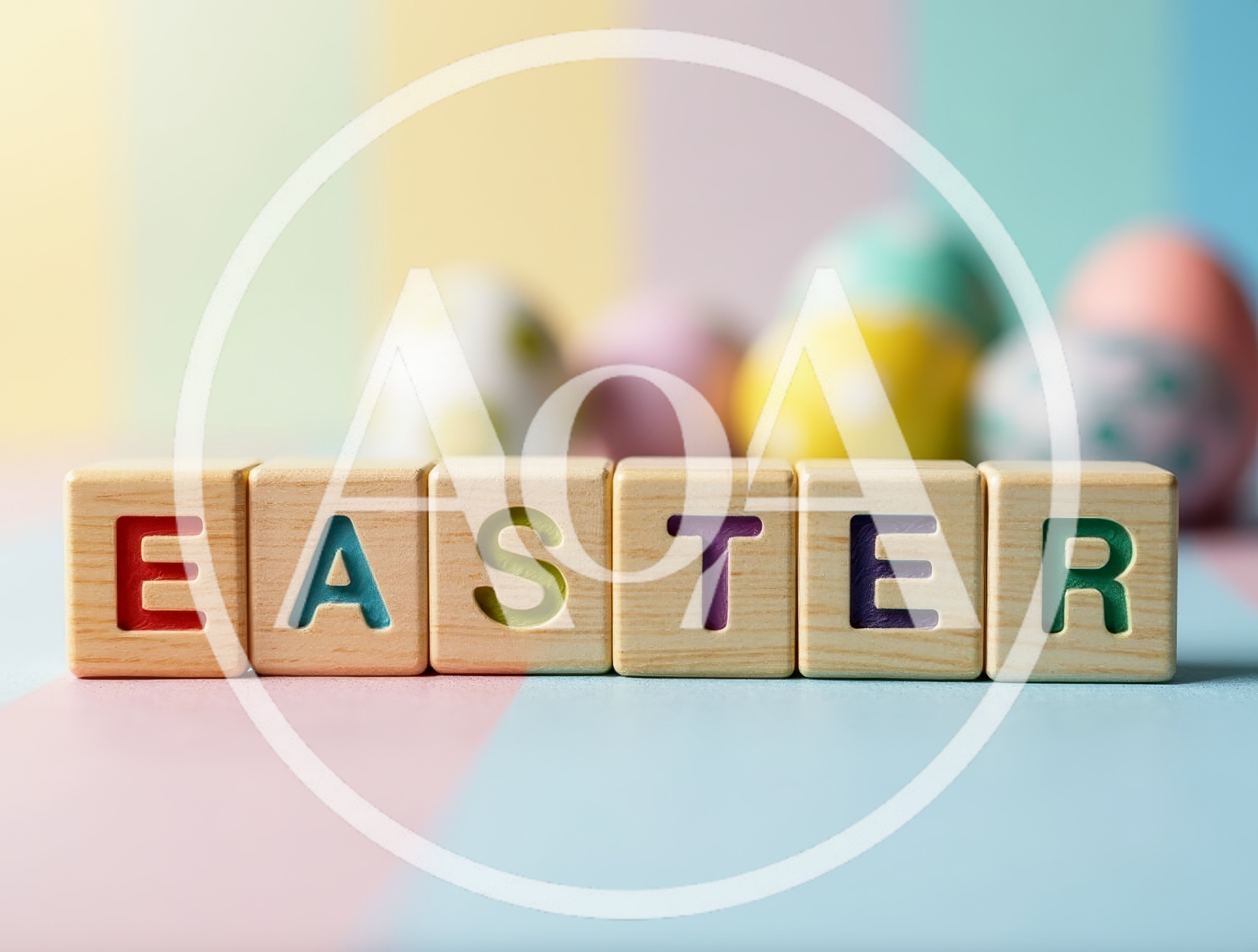 Easter Wooden Blocks With Colorful Painted Eggs