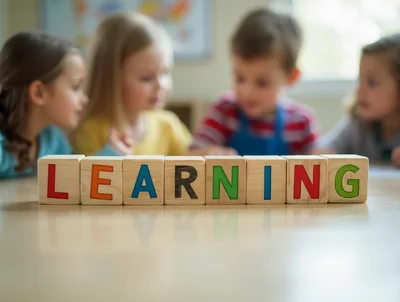Wooden Blocks Spelling Learning With Children In Background