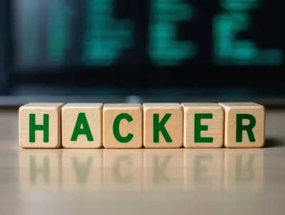 Wooden Blocks Spelling Hacker With Blurred Computer Code Background