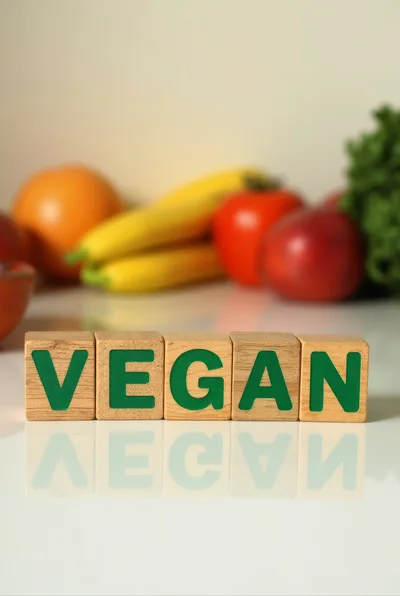 Wooden Blocks Spelling Vegan With Fresh Produce Background