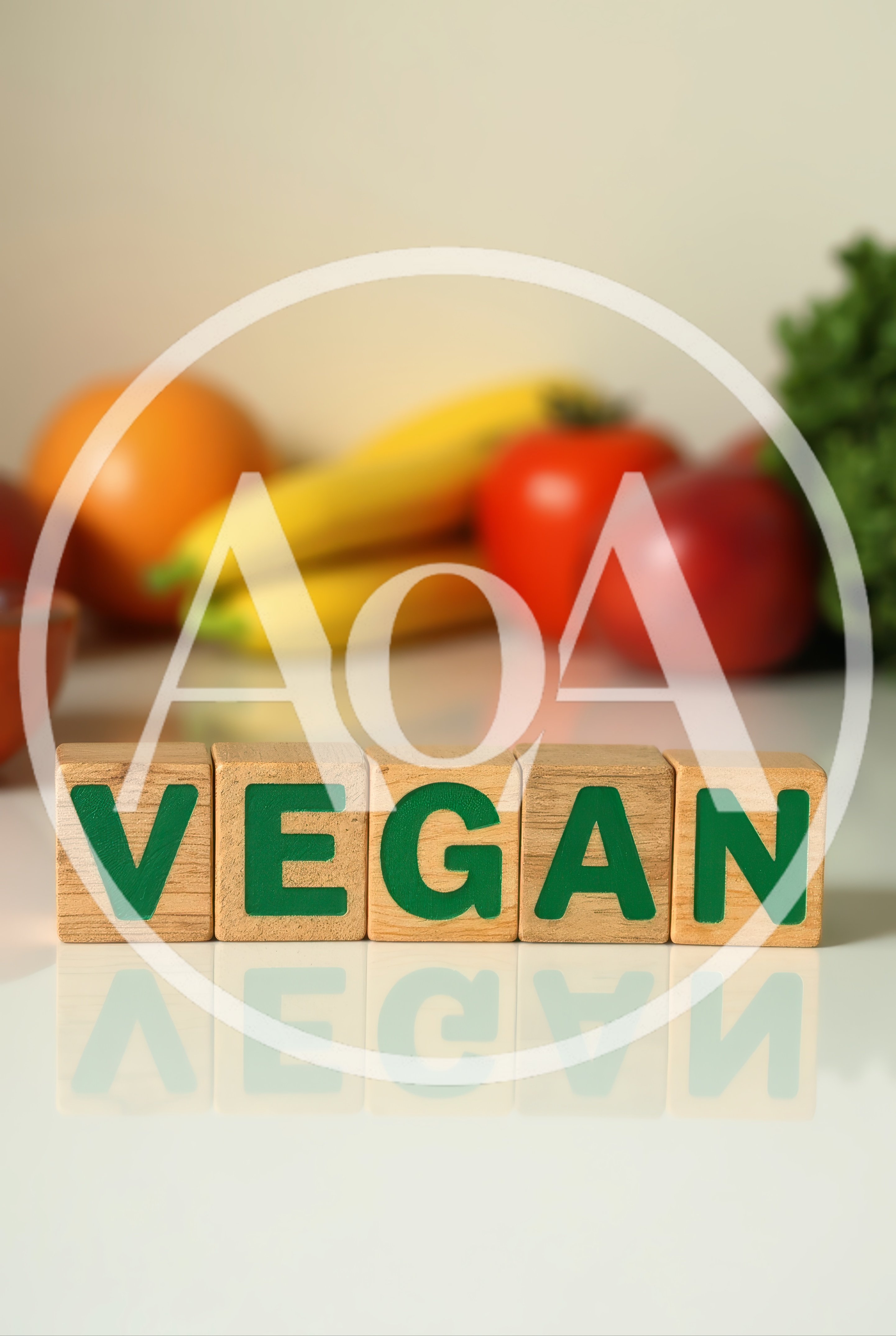 Wooden Blocks Spelling Vegan With Fresh Produce Background