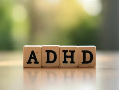 Wooden Blocks Spelling ADHD On A Reflective Surface