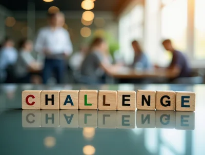 Wooden Blocks Spelling Challenge on Reflective Office Table
