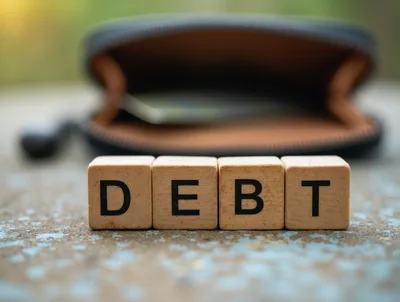 Wooden Blocks Spelling Debt In Front Of An Open Wallet