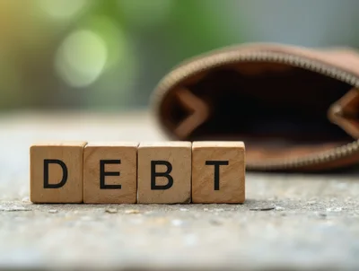Wooden Blocks Spelling Debt Next To An Empty Wallet