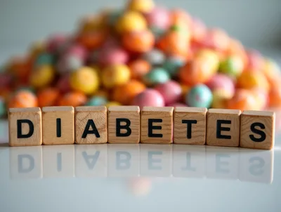 Wooden Blocks Spelling Diabetes With Colorful Candy Background