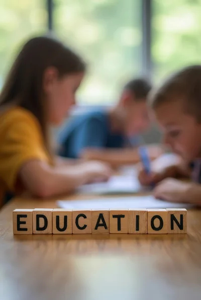 Wooden Blocks Spelling Education on Classroom Desk