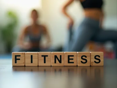 Wooden Blocks Spelling Fitness With Blurred People Exercising
