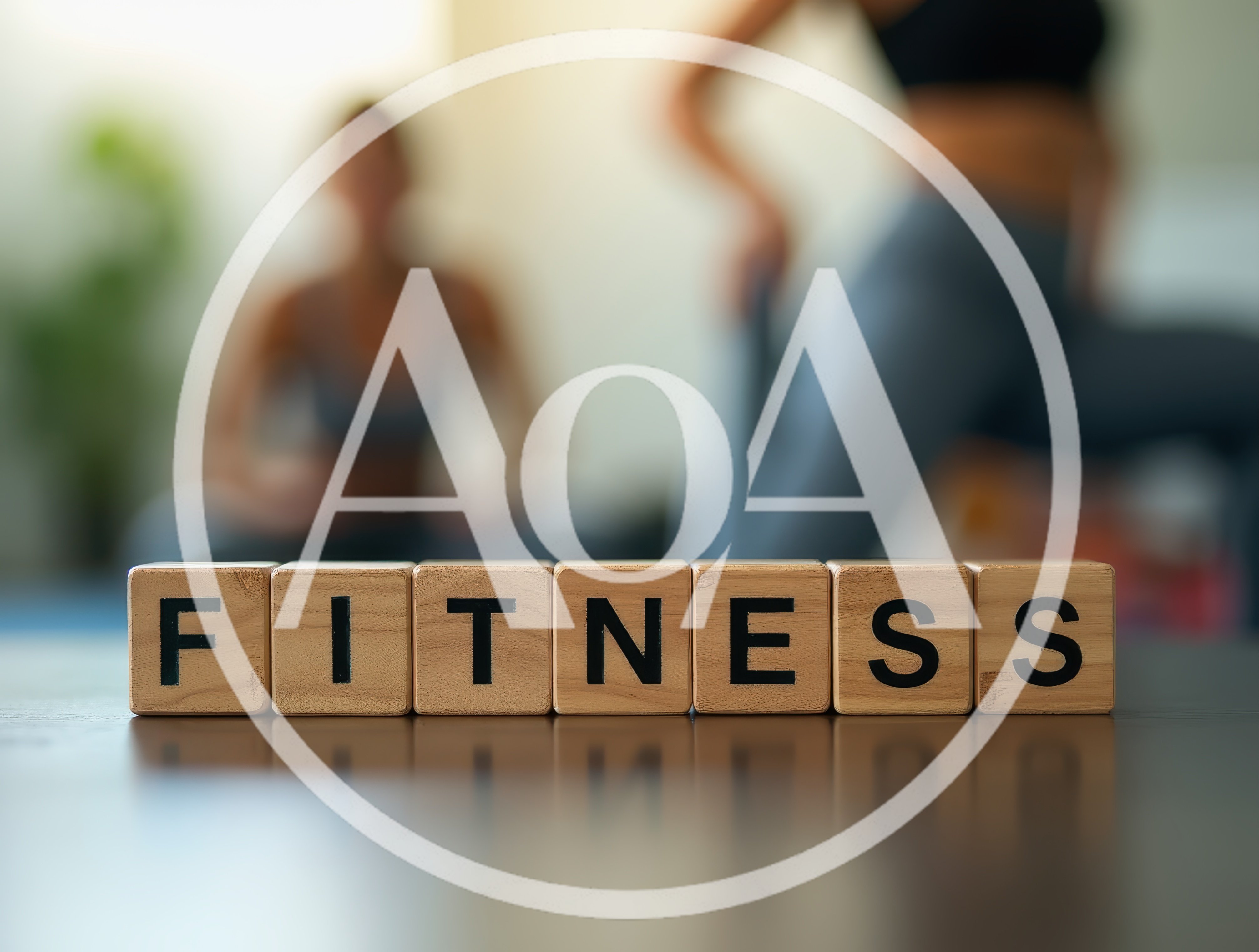 Wooden Blocks Spelling Fitness With Blurred People Exercising