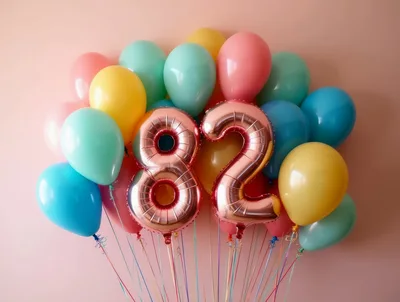 Rose Gold Number 82 Balloons With Colorful Party Decor