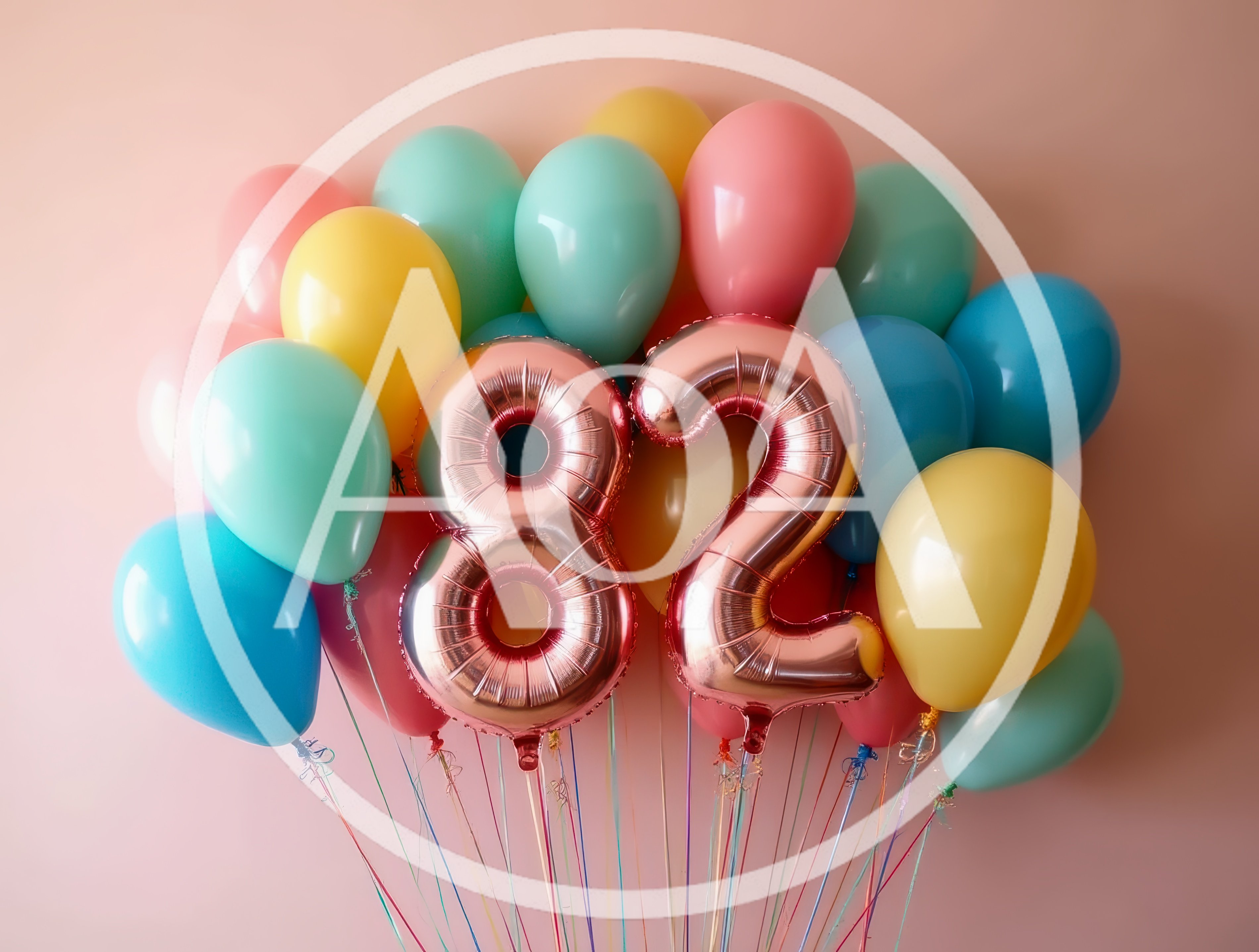 Rose Gold Number 82 Balloons With Colorful Party Decor