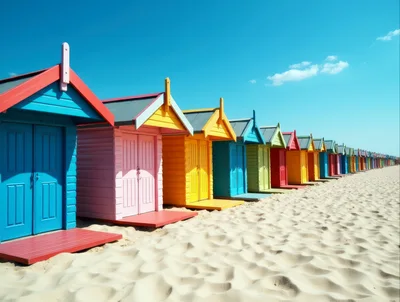 Colorful Beach Huts Along The Sandy Shoreline