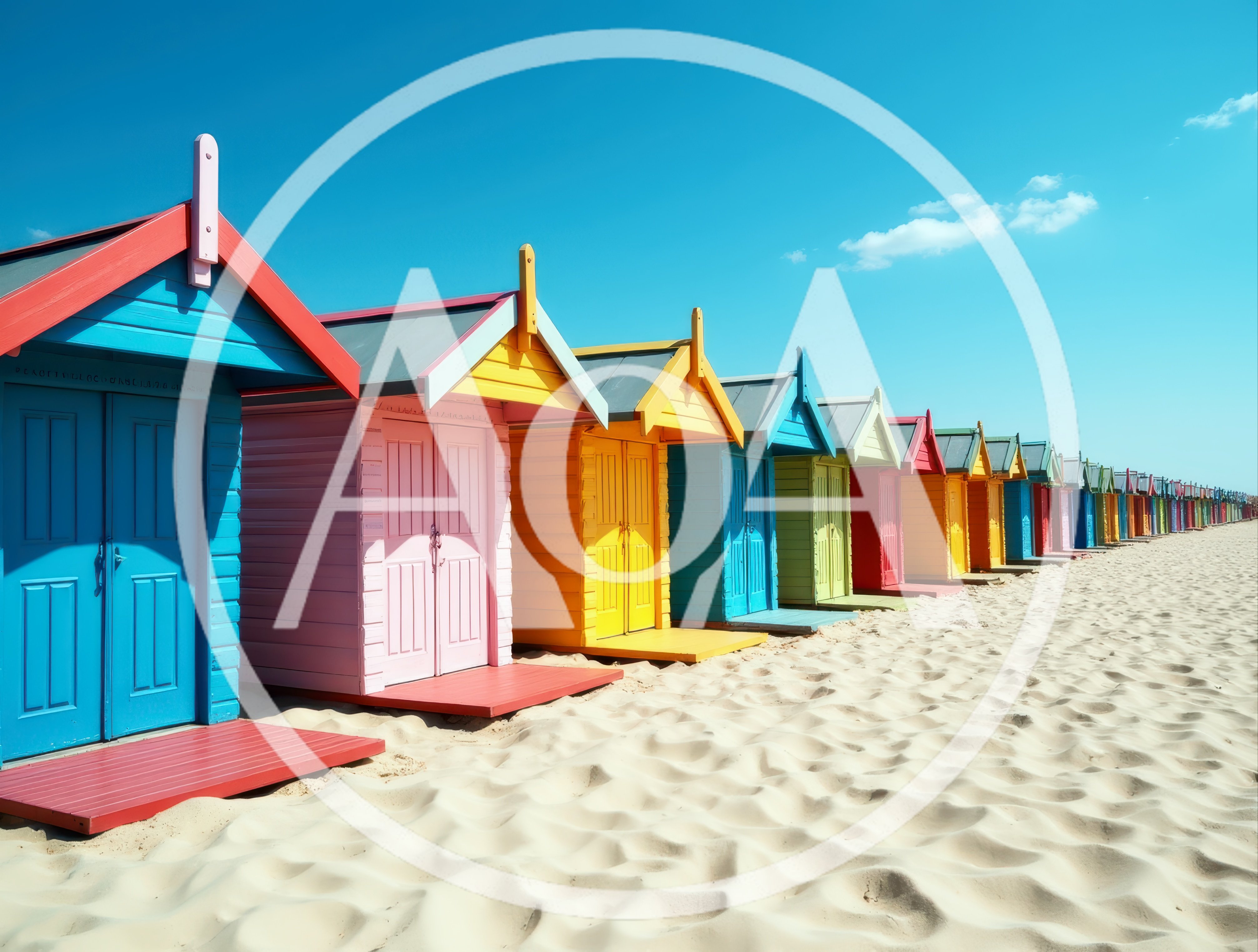 Colorful Beach Huts Along The Sandy Shoreline