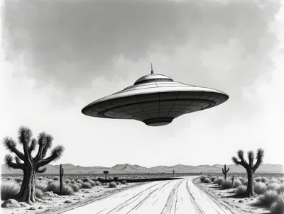 UFO Hovering Over A Desert Road