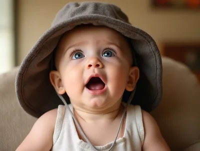 Adorable Baby Wearing A Large Grey Sun Hat