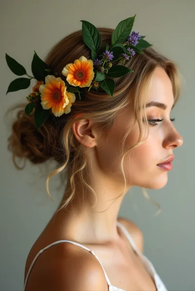 Portrait Of A Young Woman With Floral Hair Accessories