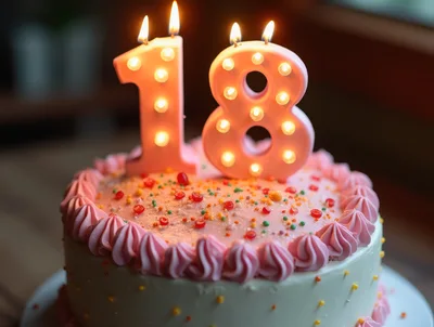 Eighteenth Birthday Cake With Lighted Number Candles