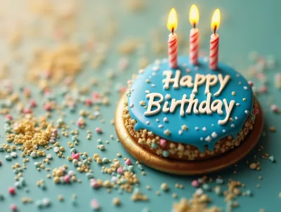 Small Blue Birthday Cake With Three Lit Candles