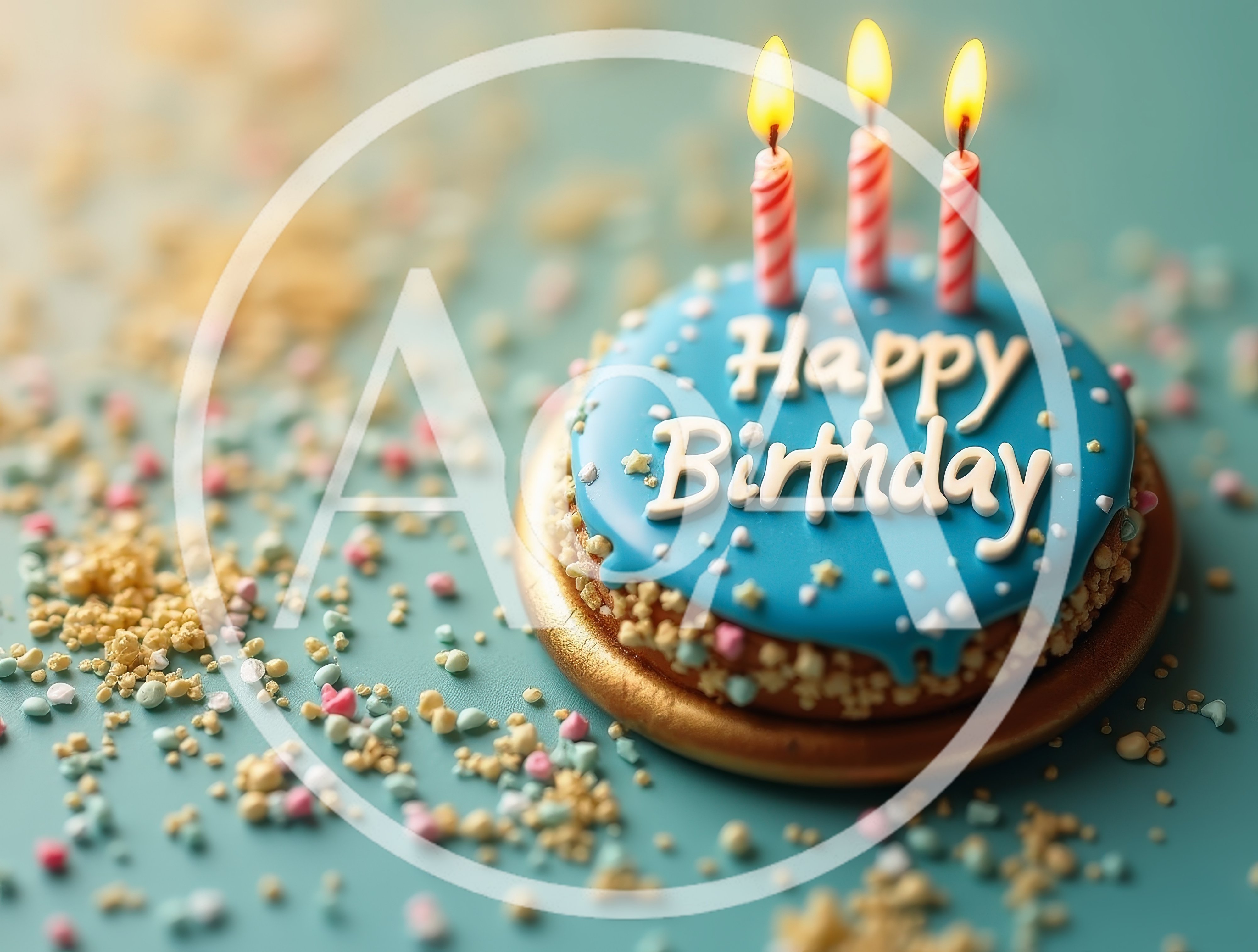Small Blue Birthday Cake With Three Lit Candles