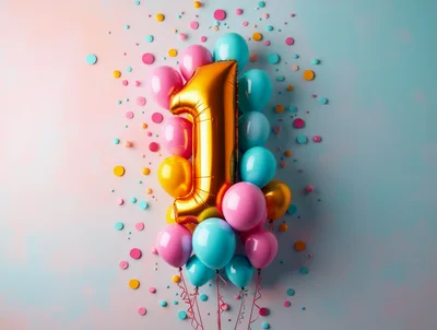 Gold Number One Balloon With Colorful Party Balloons