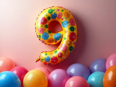 Floral Number Nine Balloon With Colorful Party Balloons