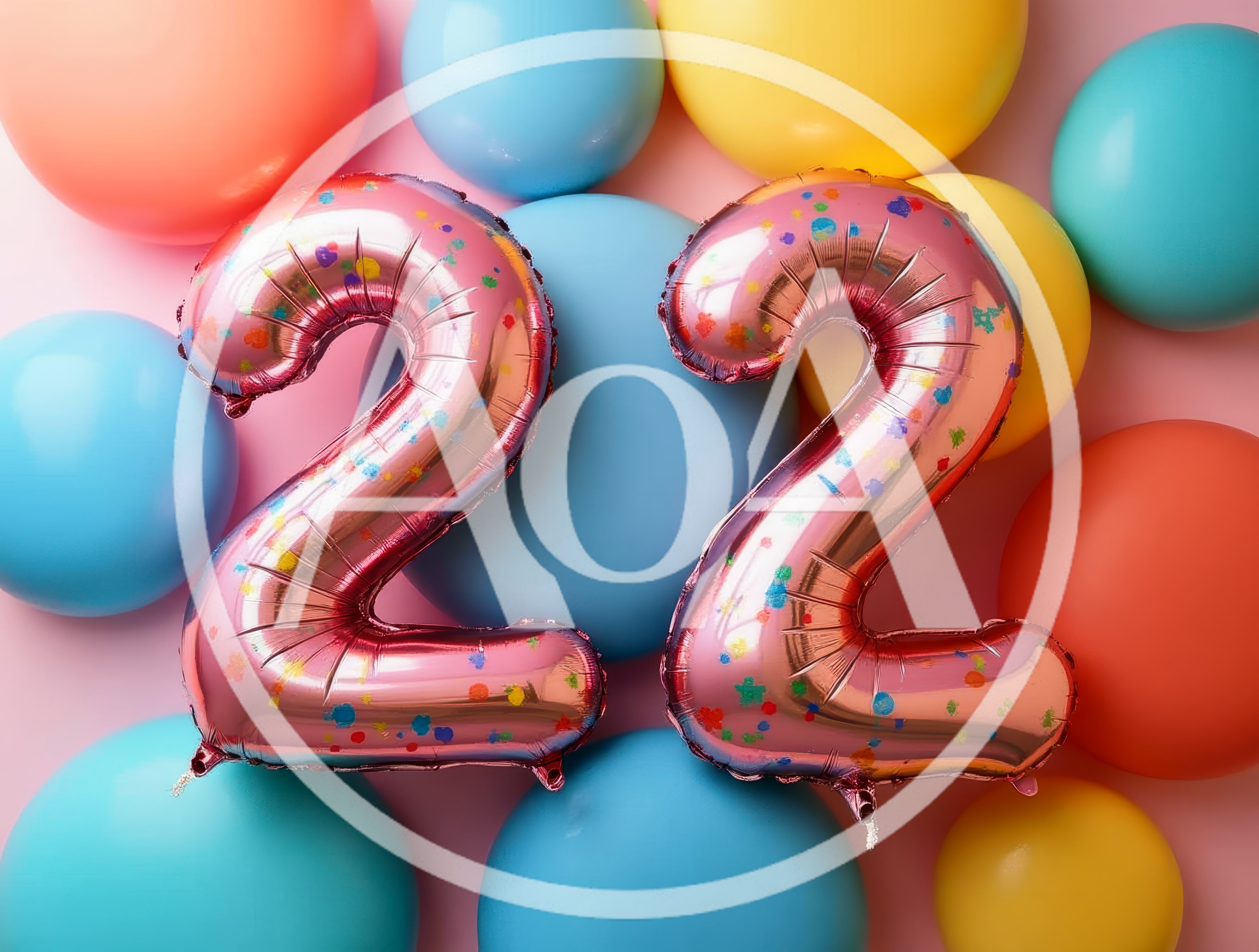 Pink Number Twenty Two Foil Balloons on Colorful Background