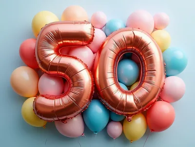 Rose Gold Number Fifty Balloons on Pastel Background