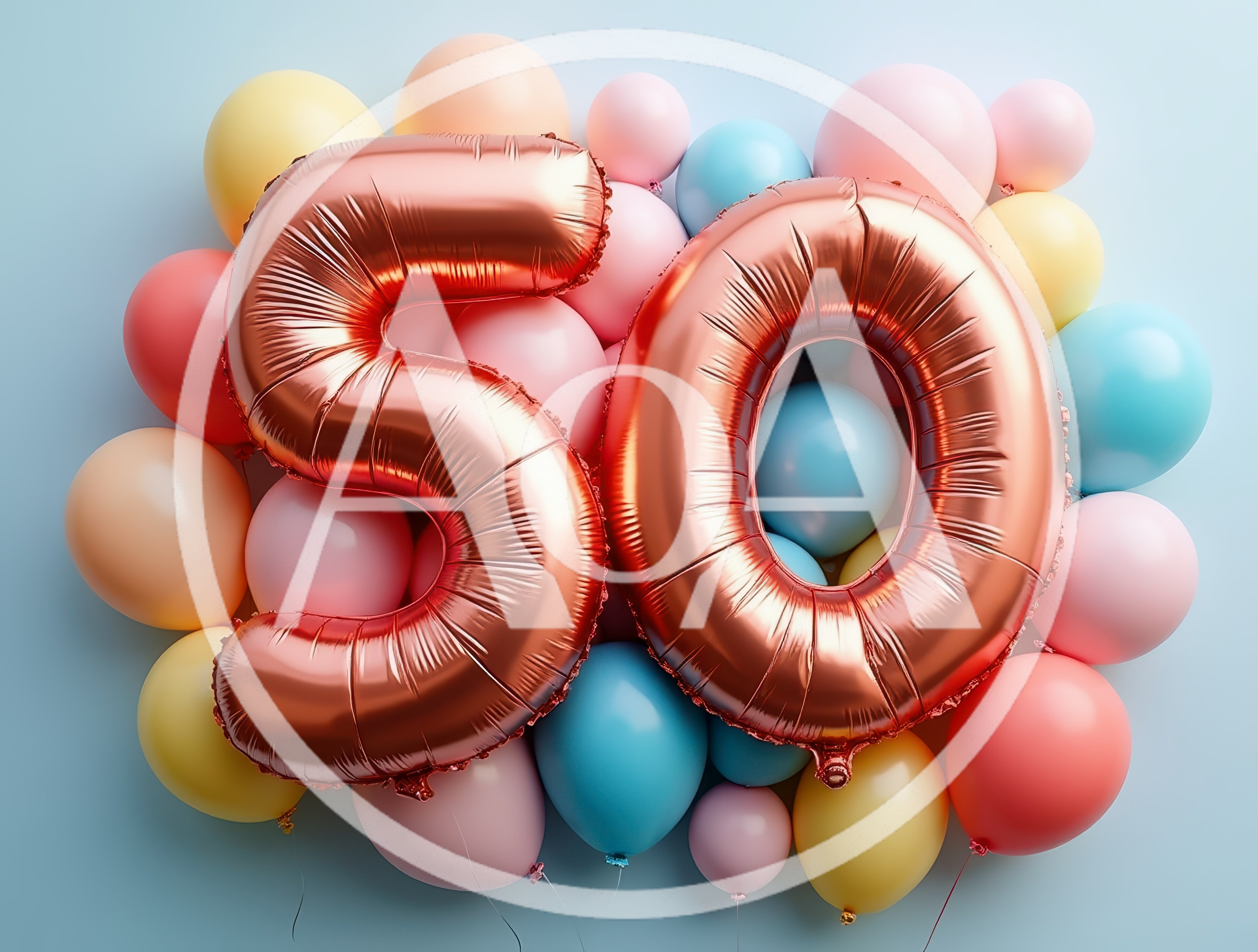 Rose Gold Number Fifty Balloons on Pastel Background