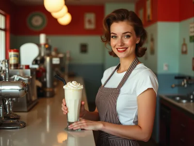 Friendly Waitress Serving A Milkshake In A Retro Diner