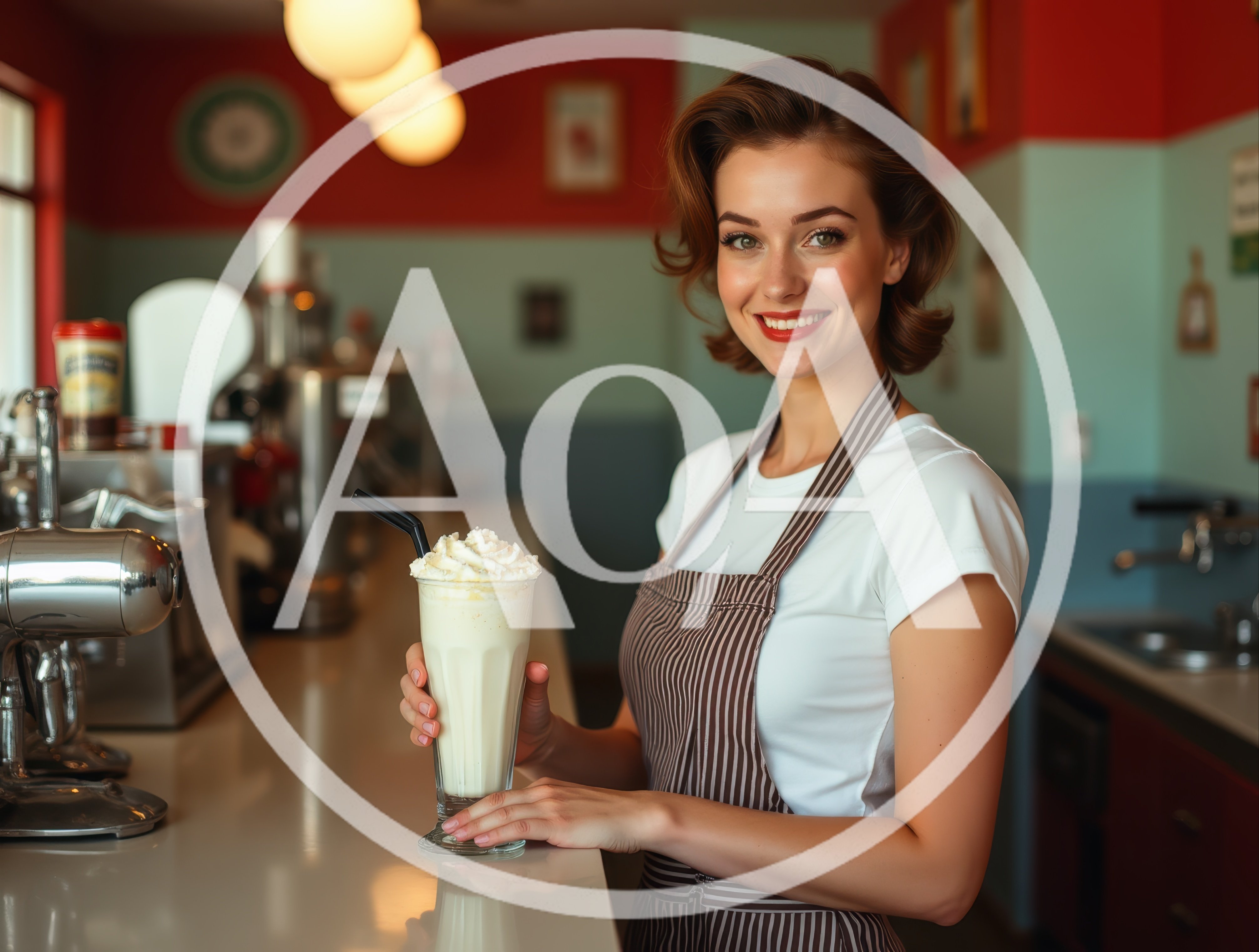 Friendly Waitress Serving A Milkshake In A Retro Diner