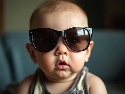 Adorable Baby Wearing Oversized Black Sunglasses