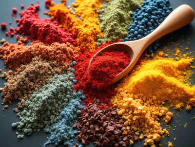 Wooden Spoon With Red Spice Powder Surrounded By Spices