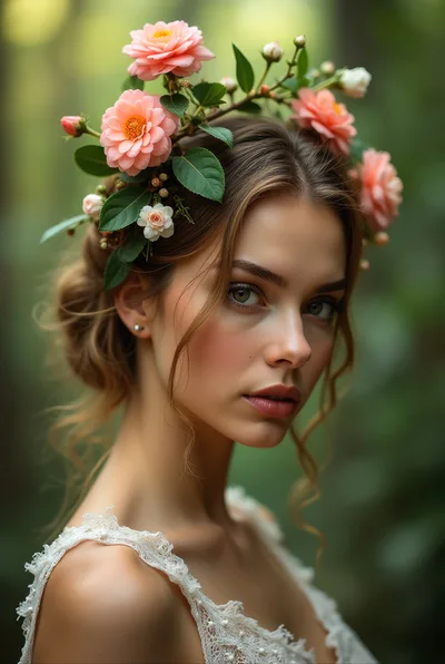 Portrait Of A Young Woman Wearing A Floral Crown