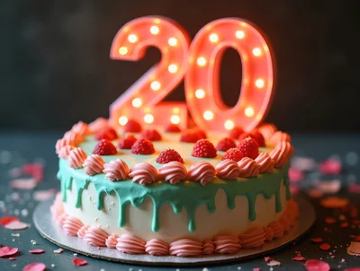 Twentieth Birthday Cake With Raspberry Topping And Lighted Numbers
