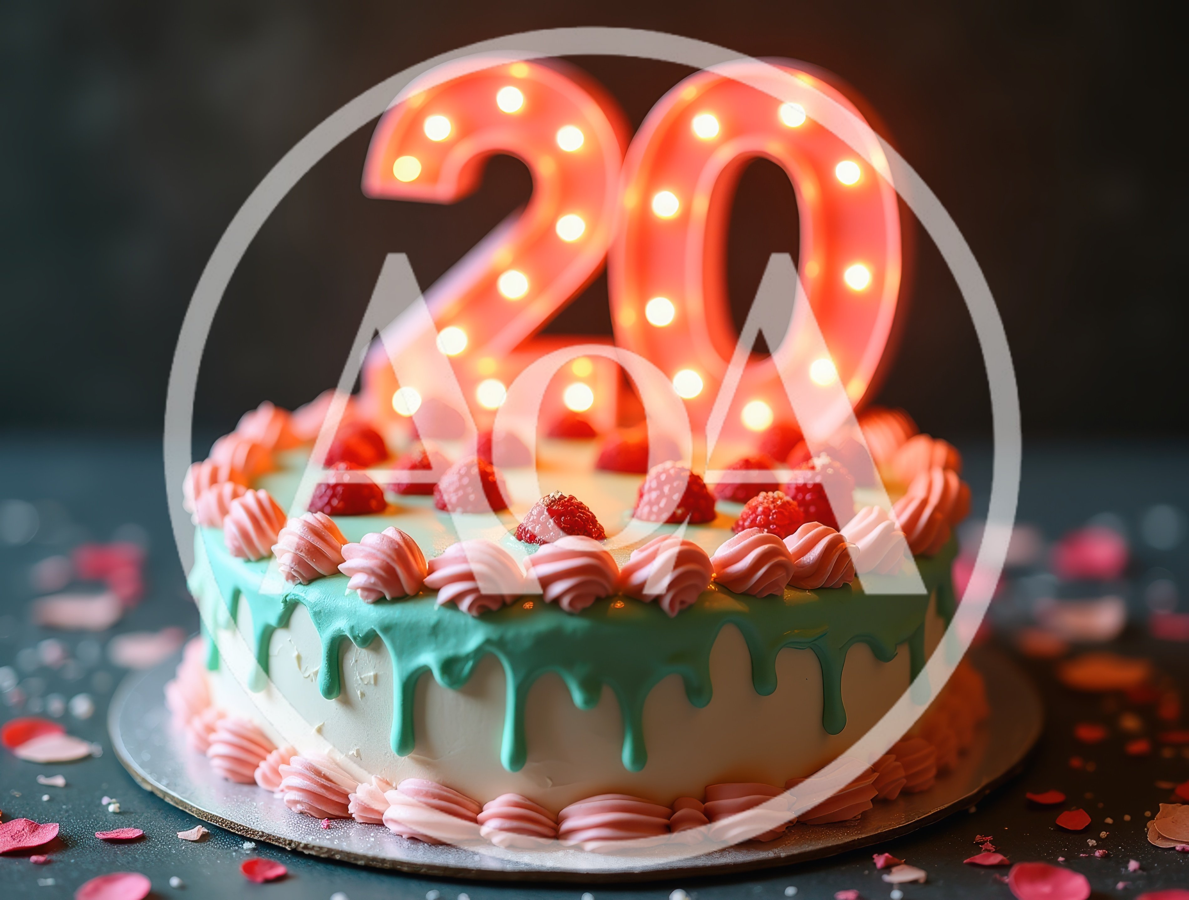 Twentieth Birthday Cake With Raspberry Topping And Lighted Numbers