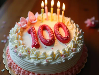 100th Birthday Cake With Lit Candles
