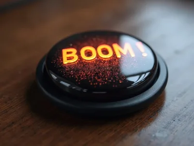 Glowing Boom Button On A Wooden Surface