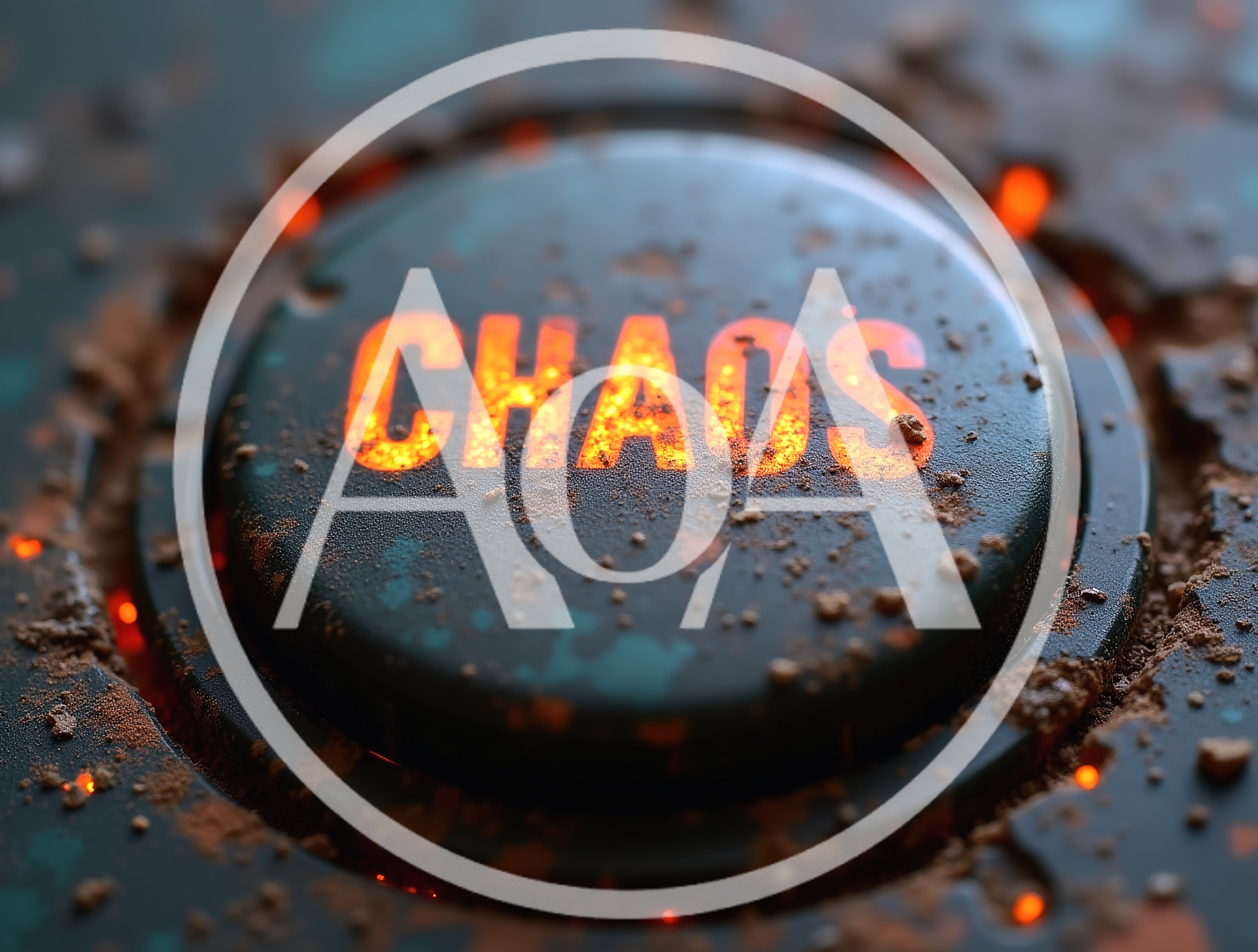 Glowing Chaos Button With Debris And Industrial Texture