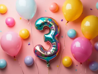 Iridescent Number Three Balloon With Colorful Party Balloons