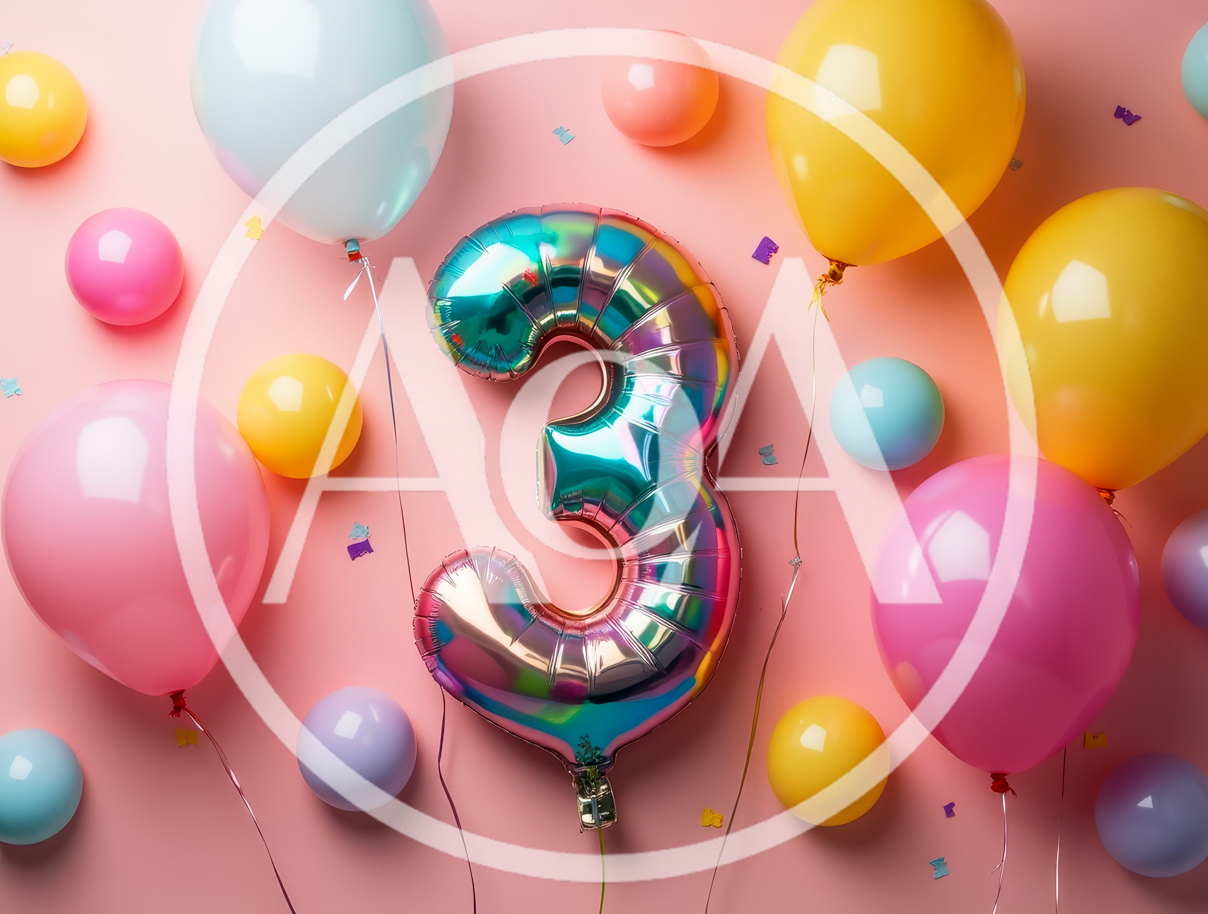 Iridescent Number Three Balloon With Colorful Party Balloons