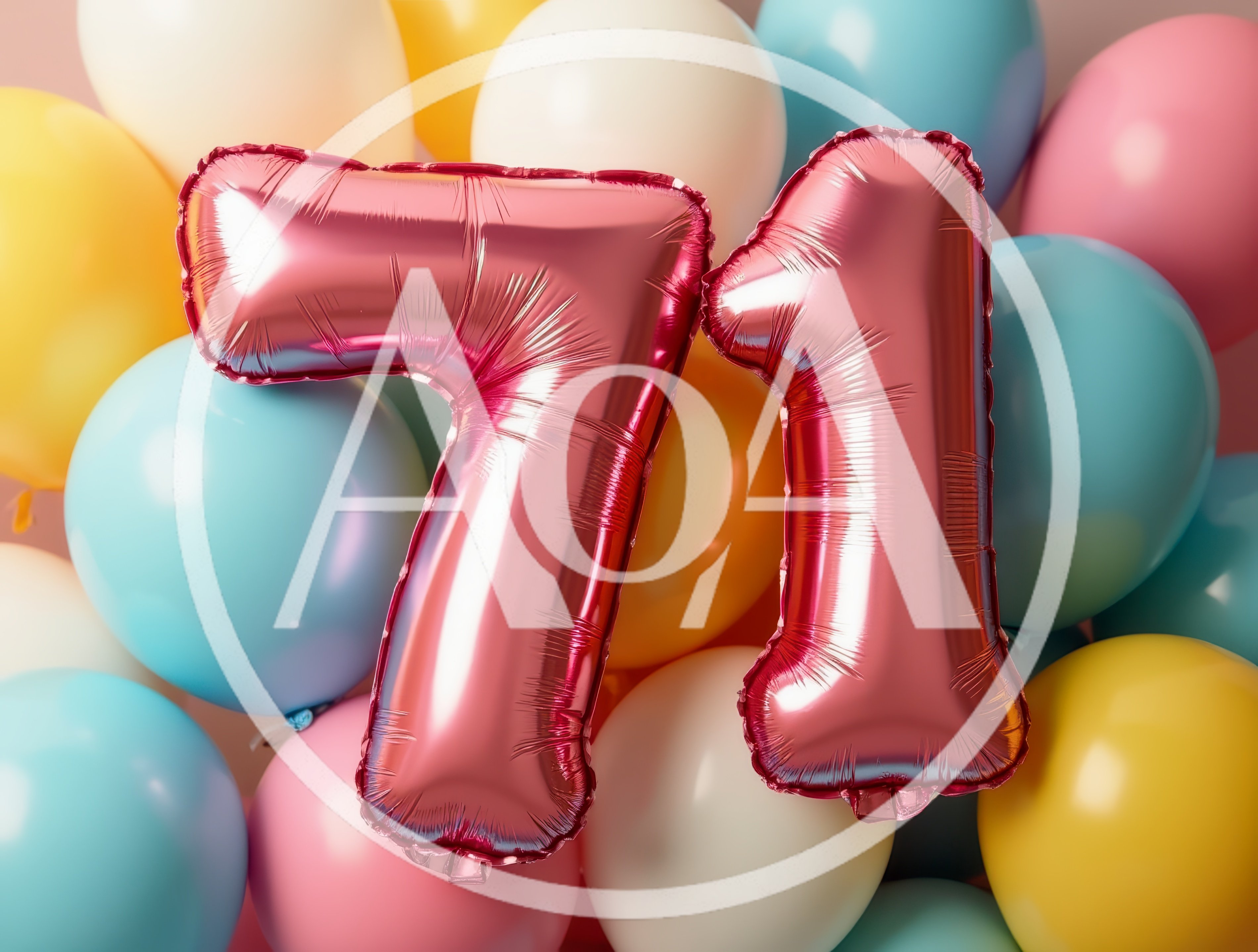 Pink Foil Number 71 Balloons Against Colorful Background