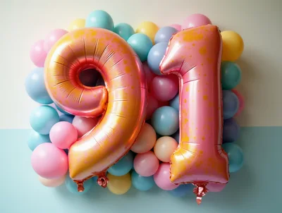 Number 91 Foil Balloons on Pastel Background
