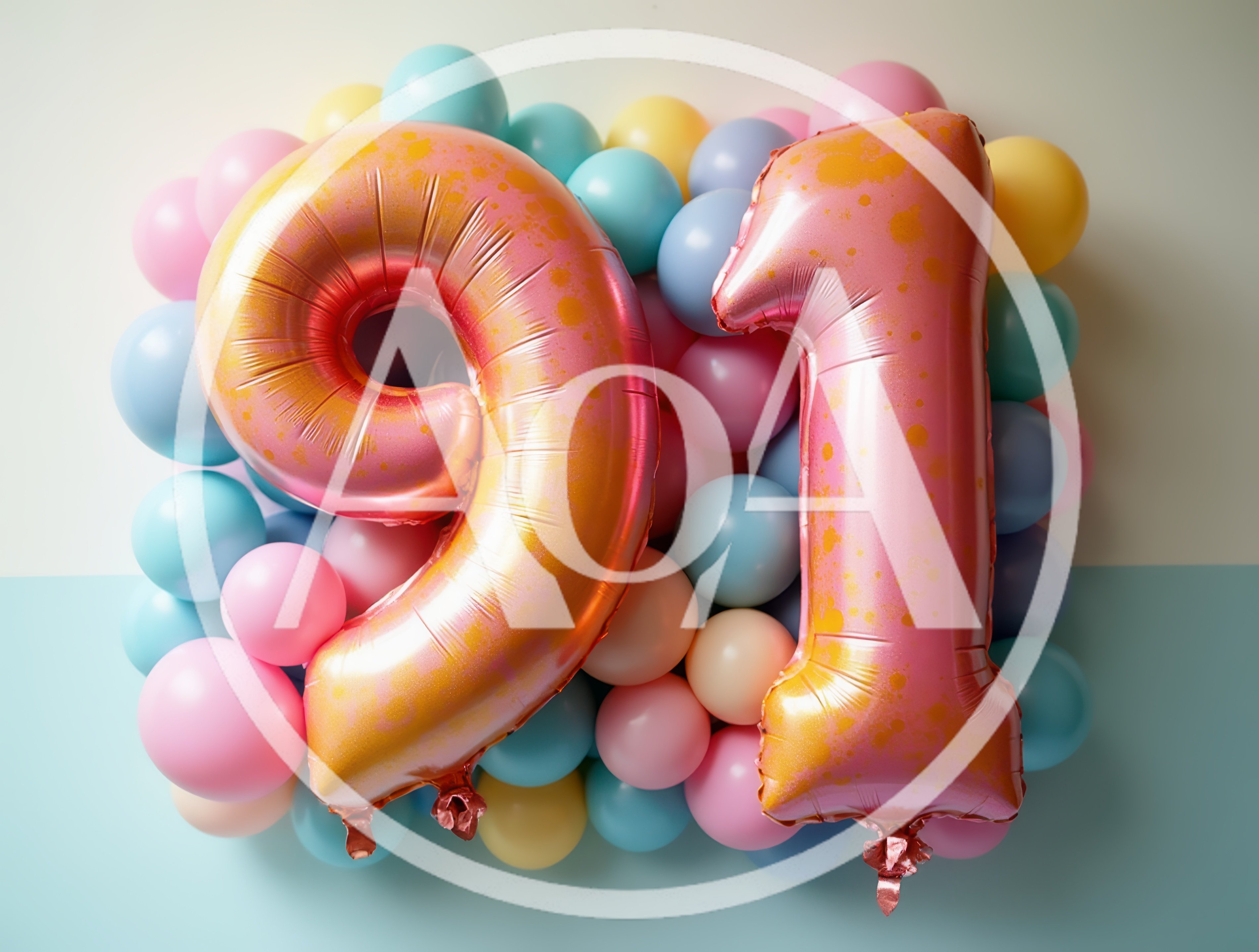 Number 91 Foil Balloons on Pastel Background