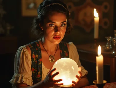 Young Woman Gazing Into A Glowing Crystal Ball
