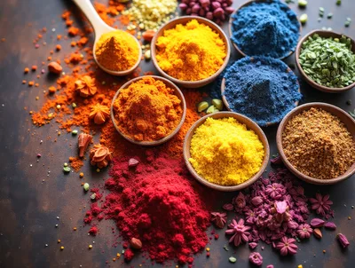 Assorted Colorful Spices In Wooden Bowls And Spoons