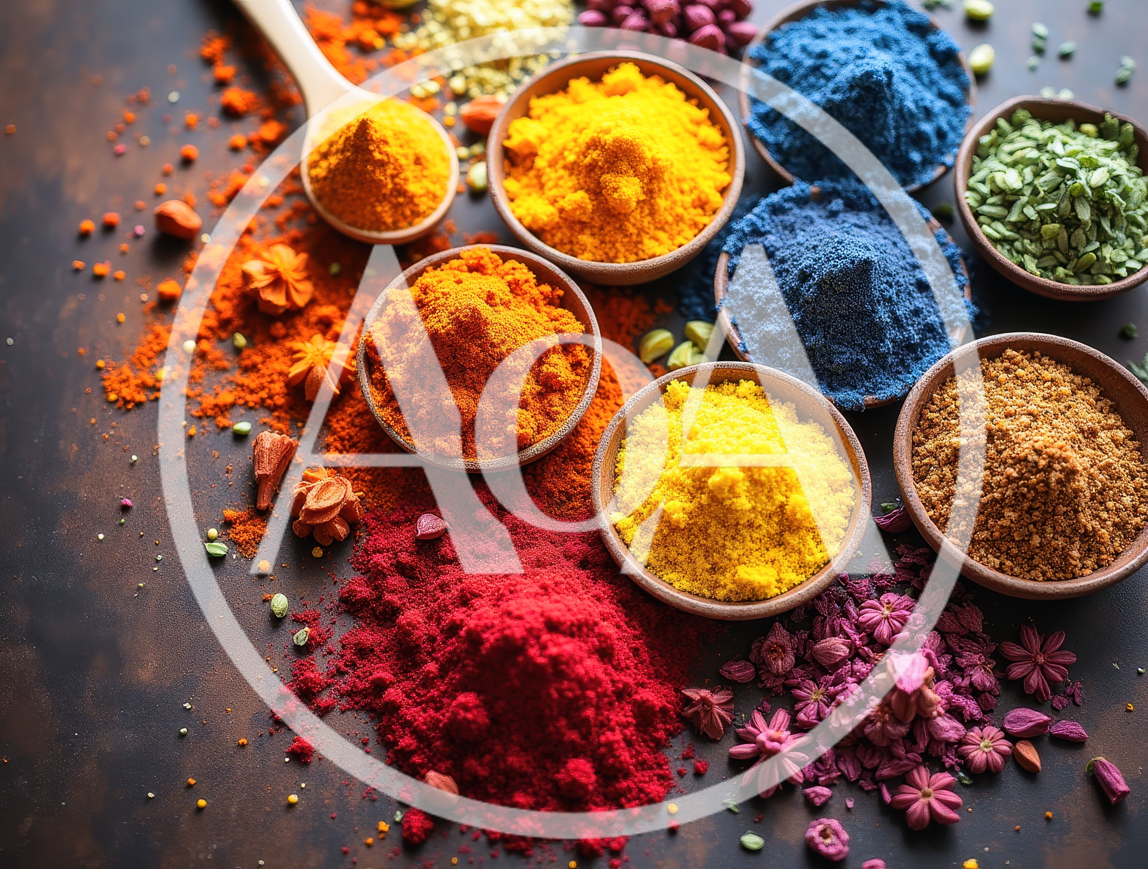 Assorted Colorful Spices In Wooden Bowls And Spoons
