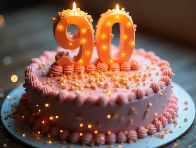90th Birthday Celebration Cake With Glowing Candles