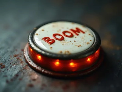 Illuminated Red Boom Button On Dark Textured Surface