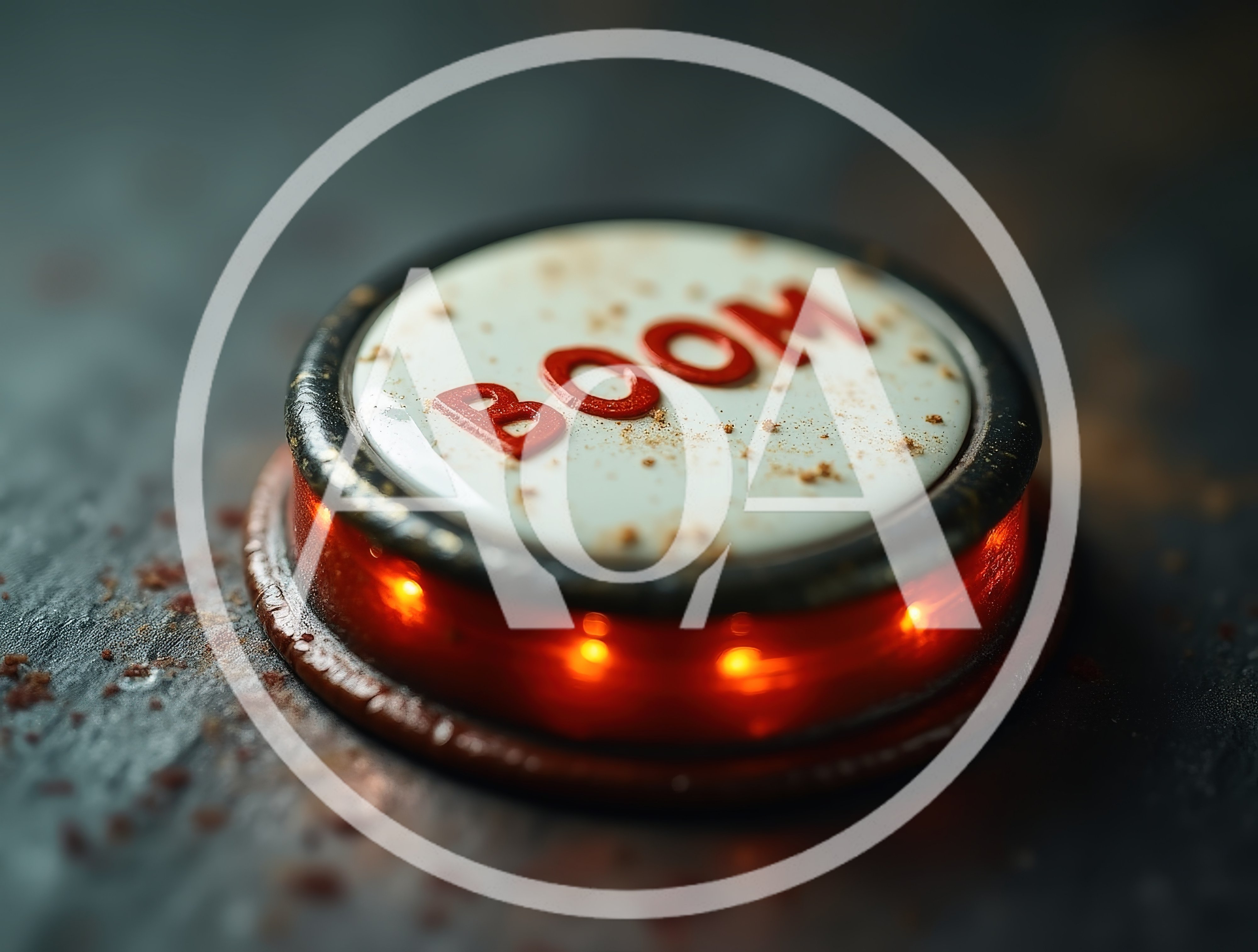 Illuminated Red Boom Button On Dark Textured Surface